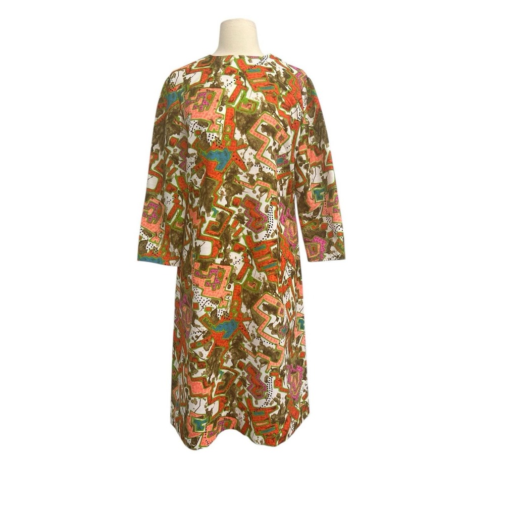 Vintage Handmade Mod Print 60s 70s Bark Cloth Long Sleeve Dress- Large ?